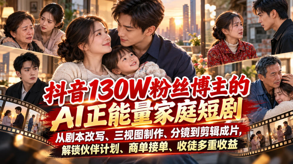 抖音130W粉丝博主的AI正能量家庭短剧,从剧本改写、三视图制作、分镜到剪辑成片,解锁伙伴计划、商单接单、收徒多重收益-橙心云网创