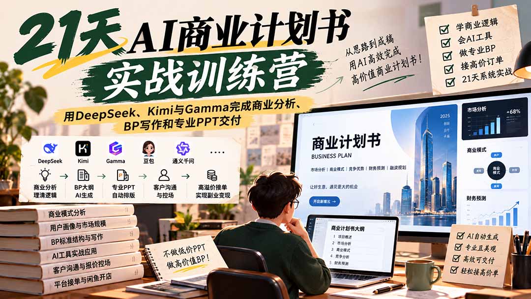 【无水印】21天AI商业计划书实战训练营：用DeepSeek、Kimi与Gamma完成商业分析、BP写作和专业PPT交付-橙心云网创