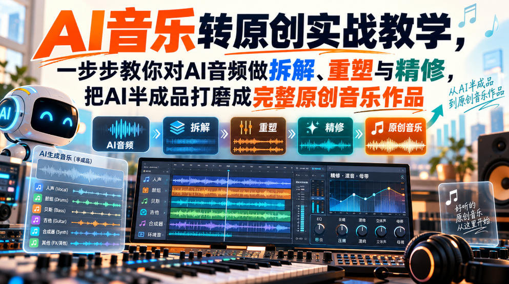 AI音乐转原创实战教学，一步步教你对AI音频做拆解、重塑与精修，把AI半成品打磨成完整原创音乐作品-橙心云网创