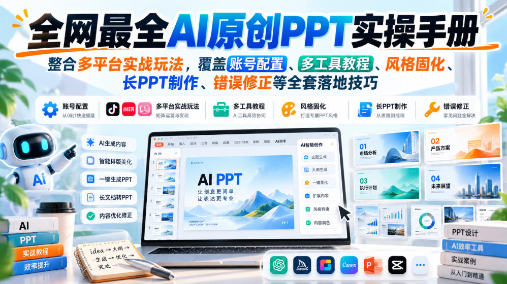 全网最全AI原创PPT实操手册，整合多平台实战玩法，覆盖账号配置、多工具教程、风格固化、长PPT制作、错误修正等全套落地技巧-橙心云网创