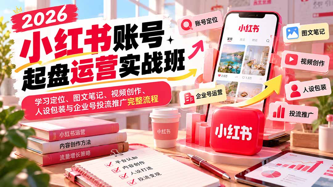 2026小红书账号起盘运营实战班：学习定位、图文笔记、视频创作、人设包装与企业号投流推广完整流程-橙心云网创