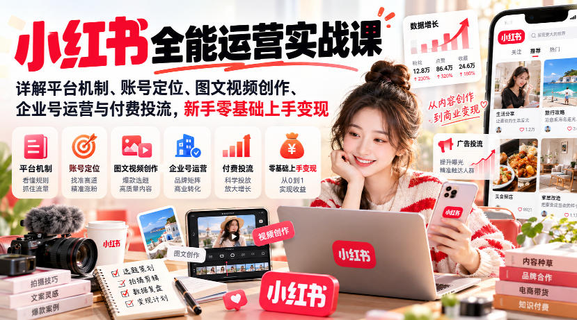 小红书全能运营实战课，详解平台机制、账号定位、图文视频创作、企业号运营与付费投流，新手零基础上手变现-橙心云网创