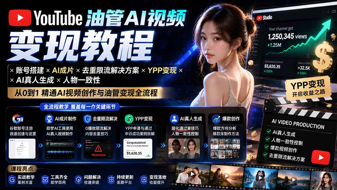 YouTube油管AI视频变现教程-更新0926：账号搭建×AI成片×去重限流解决方案×YPP变现×AI真人生成×人物一致性-橙心云网创