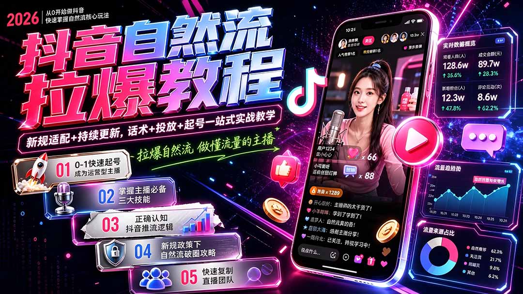 抖音自然流拉爆教程-更新9月：做懂流量的主播，新规适配+持续更新，话术+投放+起号一站式实战教学-橙心云网创
