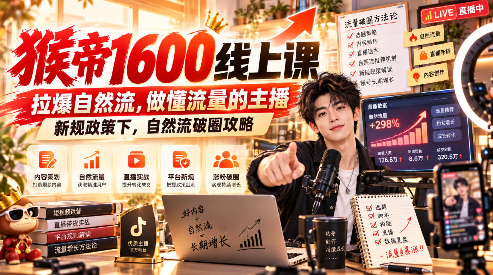 猴帝1600线上课，拉爆自然流，做懂流量的主播，新规政策下，自然流破圈攻略【更新260926】-橙心云网创