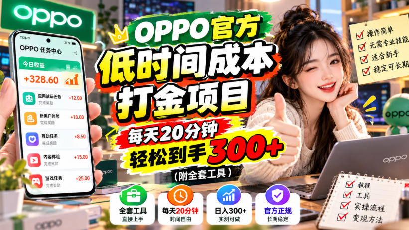 OPPO官方低时间成本打金项目,每天20分钟,轻松到手300+(附全套工具)【揭秘】-橙心云网创