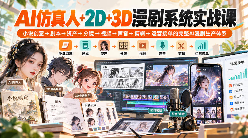 【无水印】AI仿真人+2D+3D漫剧系统实战课,小说创意→剧本→资产→分镜→视频→声音→剪辑→运营接单的完整AI漫剧生产体系-橙心云网创