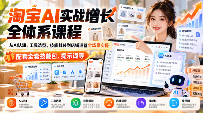 淘宝AI实战增长全体系课程,从AI认知、工具选型、技能封装到店铺运营全场景实操,配套全套技能包、提示词等-橙心云网创