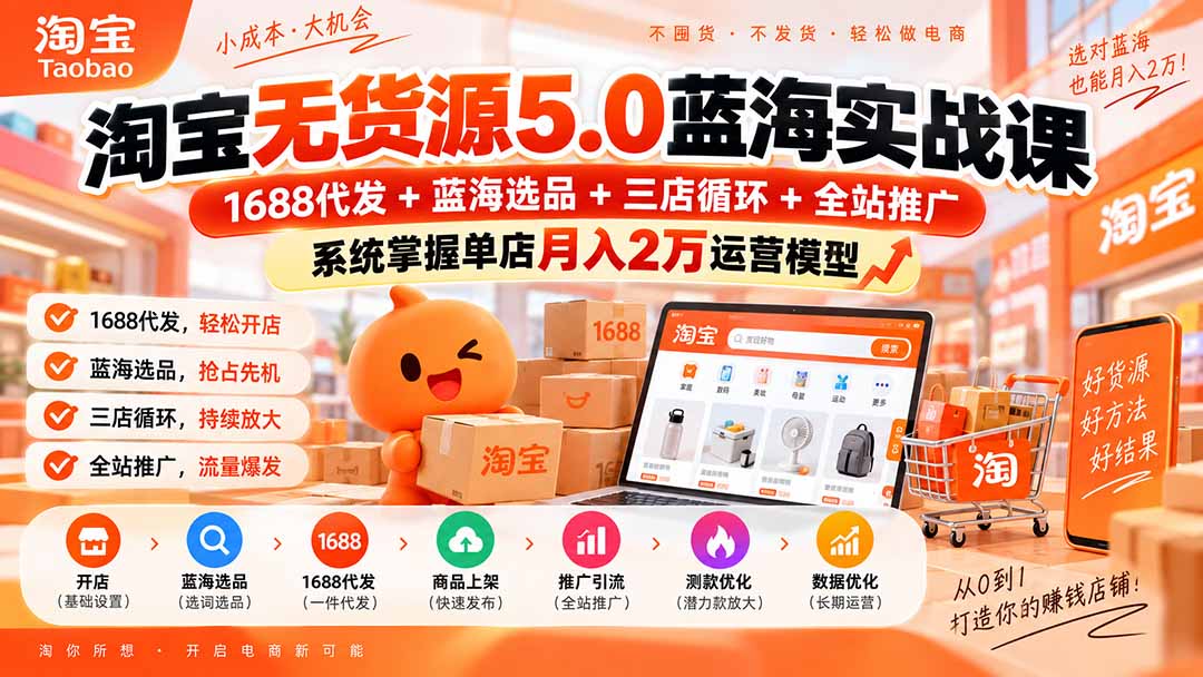 淘宝无货源5.0蓝海实战课-更新0927：1688代发+蓝海选品+三店循环+全站推广，系统掌握单店月入2万运营模型-橙心云网创