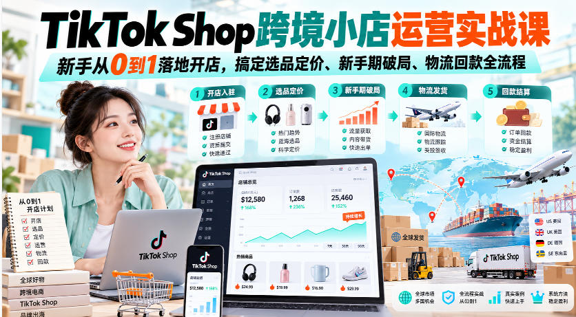TikTok Shop跨境小店运营实战课，新手从0到1落地开店，搞定选品定价、新手期破局、物流回款全流程-橙心云网创