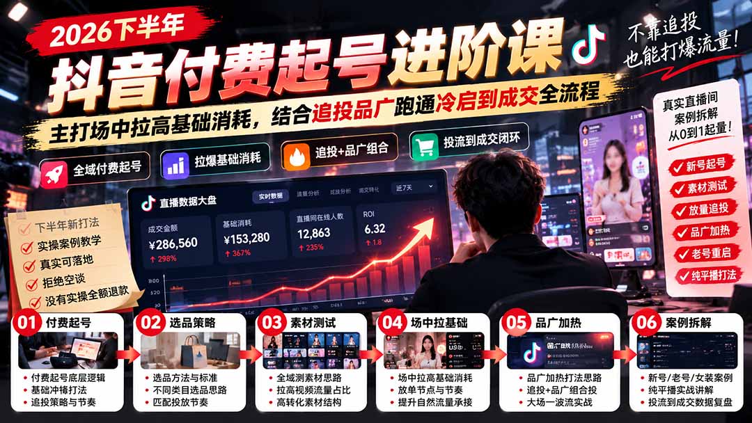 2026下半年抖音付费起号进阶课：主打场中拉高基础消耗，结合追投品广跑通冷启到成交全流程-橙心云网创