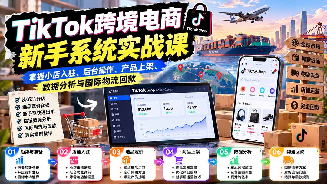 TikTok跨境电商新手系统实战课：掌握小店入驻、后台操作、产品上架、数据分析与国际物流回款-橙心云网创