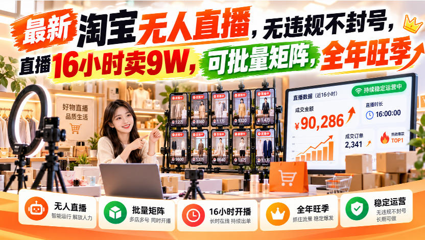 最新淘宝无人直播，无违规不封号，直播16小时卖9W，可批量矩阵，全年旺季【揭秘】-橙心云网创