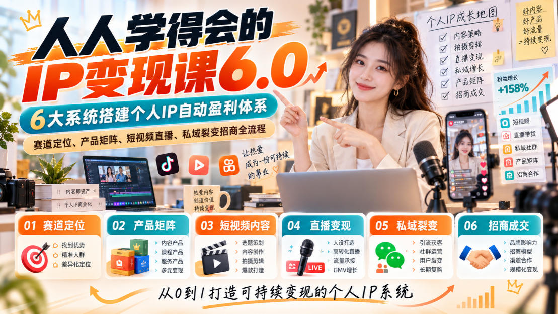 人人学得会的IP变现课6.0，6大系统搭建个人IP自动盈利体系，赛道定位、产品矩阵、短视频直播、私域裂变招商全流程-橙心云网创