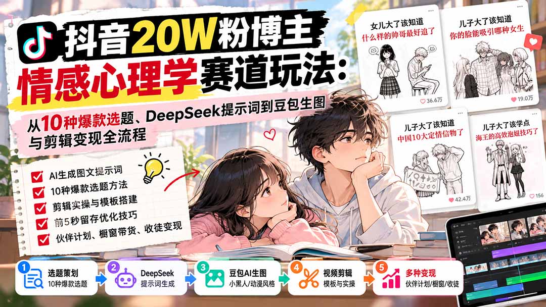 抖音20W粉博主-情感心理学赛道玩法：从10种爆款选题、DeepSeek提示词到豆包生图与剪辑变现全流程-橙心云网创