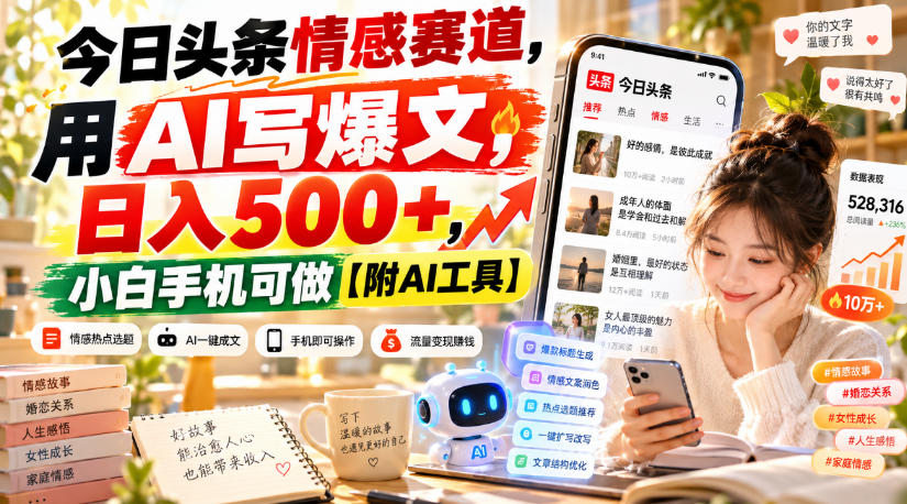 今日头条情感赛道,用AI写爆文,日入500+,小白手机可做【附AI工具】-橙心云网创