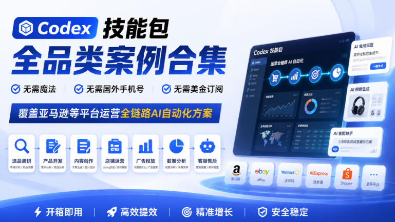 Codex技能包全品类案例合集，无需魔法、无需国外手机号、无需美金订阅，覆盖亚马逊等平台运营全链路AI自动化方案-橙心云网创