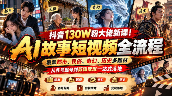 抖音130W粉大佬新课！AI故事短视频全流程，覆盖都市、民俗、奇幻、历史多题材，从养号起号到剪辑变现一站式落地-橙心云网创