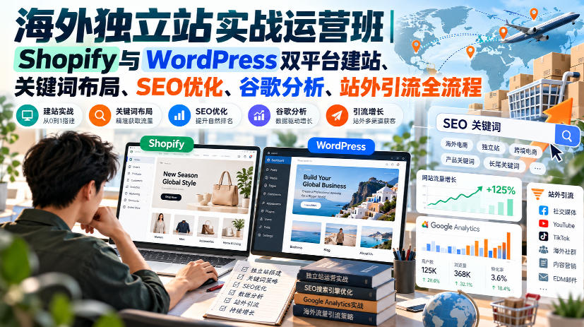 海外独立站实战运营班｜Shopify与WordPress双平台建站、关键词布局、SEO优化、谷歌分析、站外引流全流程-橙心云网创