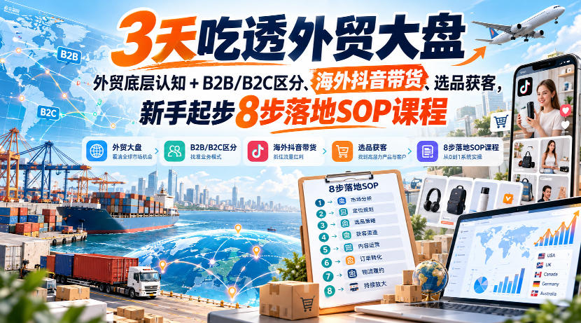 3天吃透外贸大盘，外贸底层认知+B2B/B2C区分、海外抖音带货、选品获客，新手起步8步落地SOP课程-橙心云网创