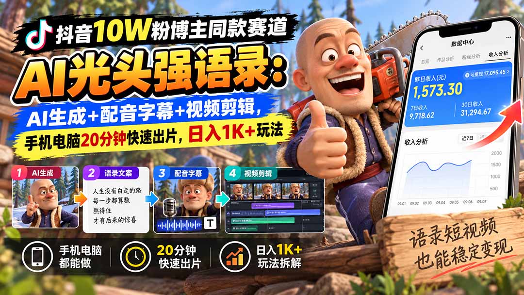 【无水印】抖音10W粉博主同款赛道AI光头强语录:AI生成+配音字幕+视频剪辑,手机电脑20分钟快速出片,日入1K+玩法-橙心云网创