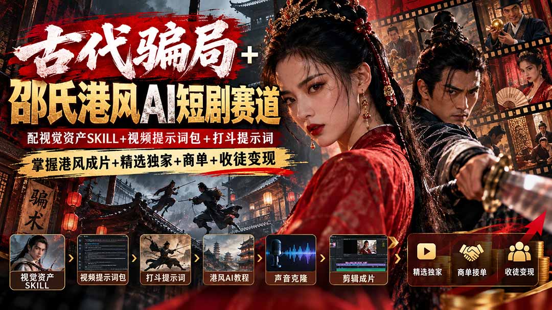 古代骗局+邵氏港风AI短剧赛道:配视觉资产SKILL+视频提示词包+打斗提示词,掌握港风成片+精选独家+商单+收徒变现-橙心云网创