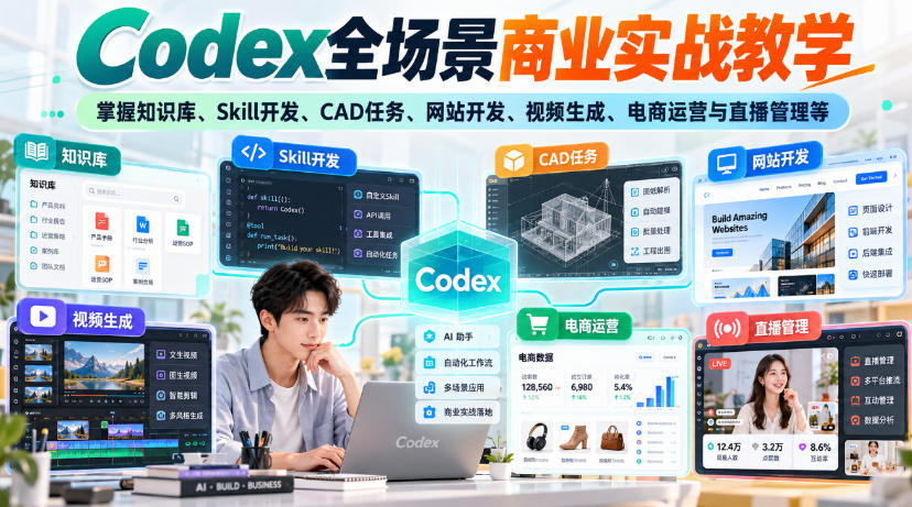 【无水印】Codex全场景商业实战教学，掌握知识库、Skill开发、CAD任务、网站开发、视频生成、电商运营与直播管理等-橙心云网创