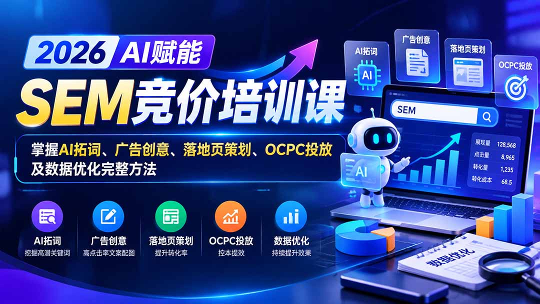 【无水印】2026AI赋能SEM竞价培训课：掌握AI拓词、广告创意、落地页策划、OCPC投放及数据优化完整方法-橙心云网创