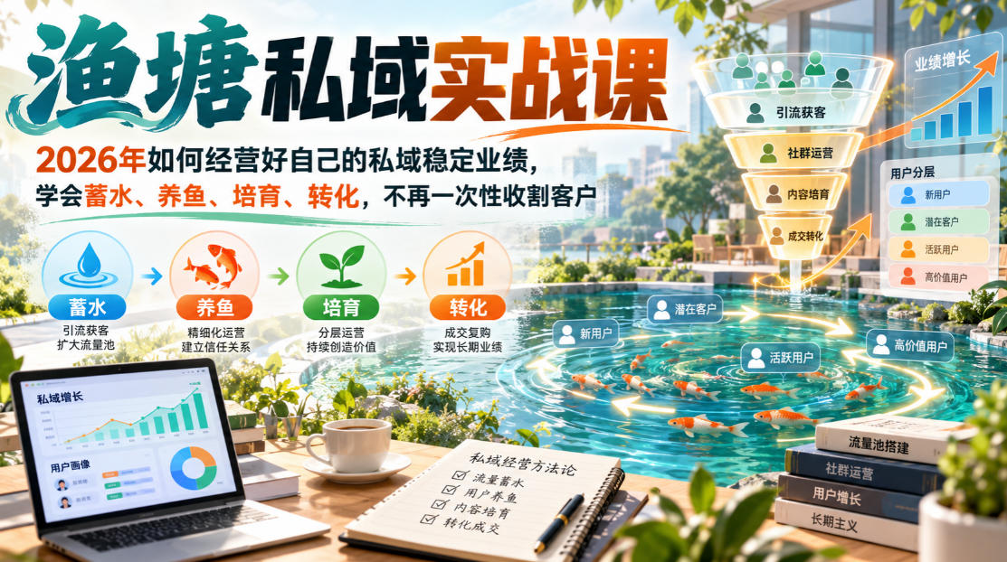 渔塘私域实战课，2026年如何经营好自己的私域稳定业绩，学会蓄水、养鱼、培育、转化，不再一次性收割客户-橙心云网创