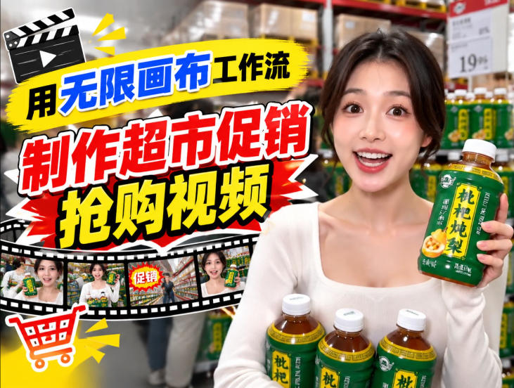 无限画布超市促销抢购视频工作流，一键产出TikTok抖音带货短视频-橙心云网创