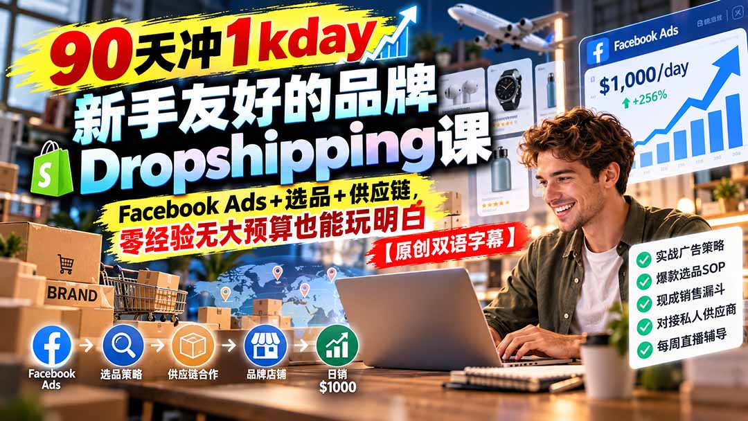 90天冲1kday 新手友好的品牌Dropshipping课：Facebook Ads+选品+供应链，零经验无大预算也能玩明白【原创双语字幕】-橙心云网创