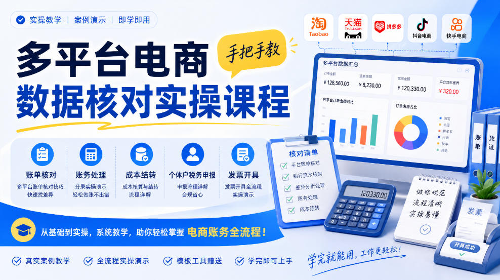 多平台电商数据核对实操课程，手把手教账单核对、账务处理、成本结转、个体户税务申报与发票开具-橙心云网创