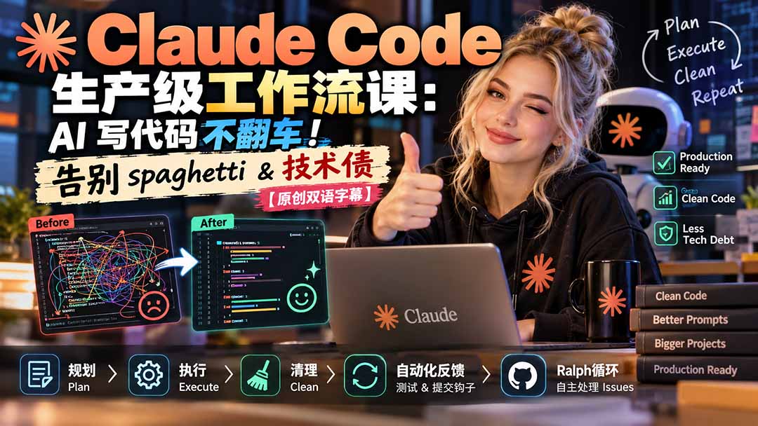 Claude Code 生产级工作流课:AI 写代码不翻车!告别 spaghetti & 技术债【原创双语字幕】-橙心云网创