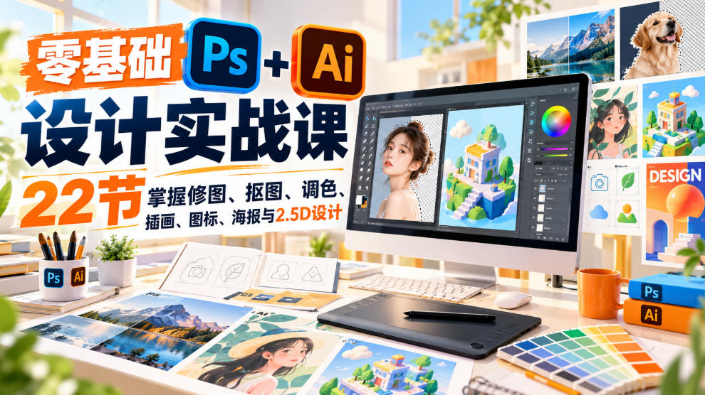 【无水印】零基础PS+AI设计实战课｜22节掌握修图、抠图、调色、插画、图标、海报与2.5D设计-橙心云网创
