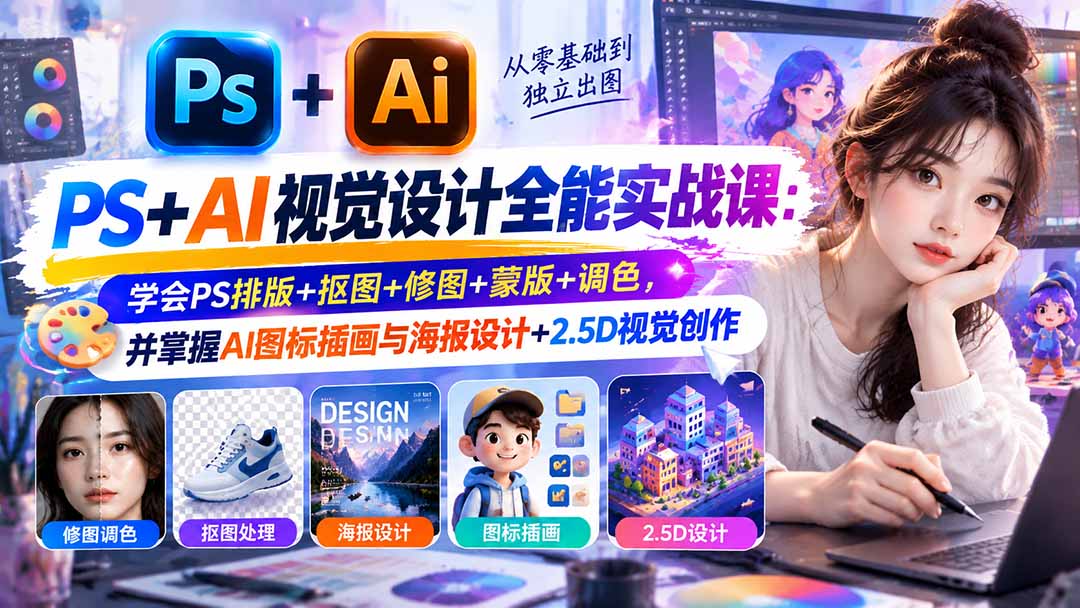 【无水印】PS+AI视觉设计全能实战课：学会PS排版+抠图+修图+蒙版+调色，并掌握AI图标插画与海报设计+2.5D视觉创作-橙心云网创