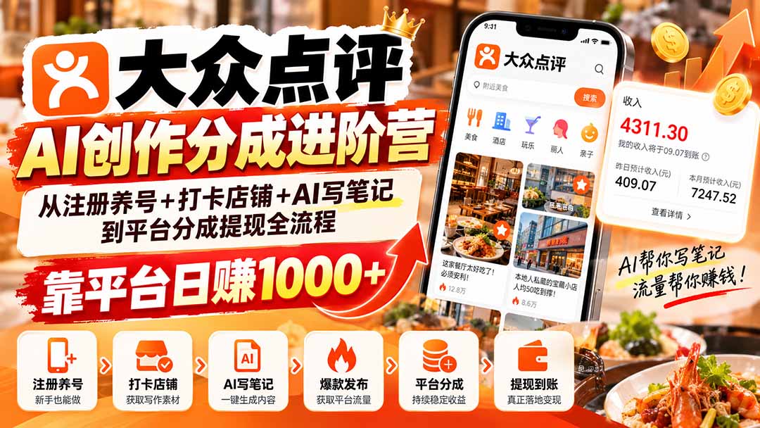大众点评AI创作分成进阶营:从注册养号+打卡店铺+AI写笔记到平台分成提现全流程,靠平台日赚1000+-橙心云网创
