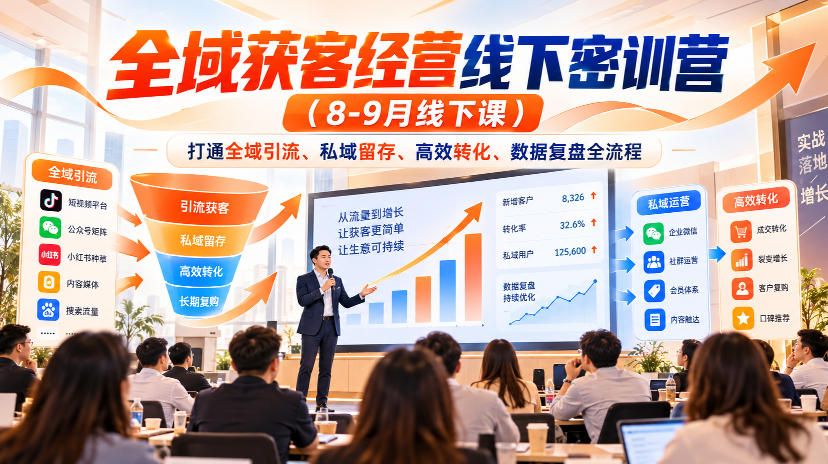 全域获客经营线下密训营(8-9月线下课)，打通全域引流、私域留存、高效转化、数据复盘全流程-橙心云网创