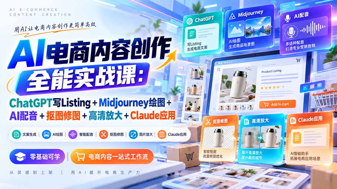 【无水印】AI电商内容创作全能实战课：ChatGPT写Listing+Midjourney绘图+AI配音+抠图修图+高清放大+Claude应用-橙心云网创
