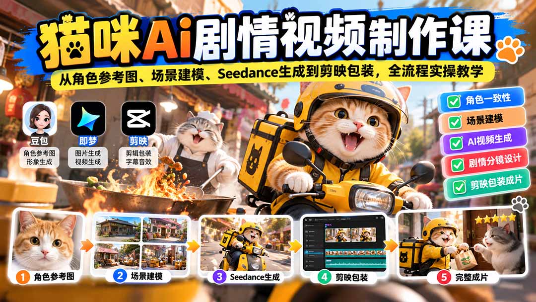 猫咪AI剧情视频制作课：从角色参考图、场景建模、Seedance生成到剪映包装，全流程实操教学-橙心云网创