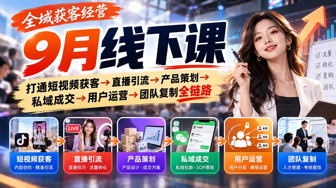 全域获客经营9月线下课:打通短视频获客→直播引流→产品策划→私域成交→用户运营→团队复制全链路-橙心云网创