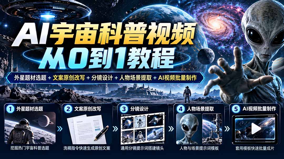 AI宇宙科普视频从0到1教程｜外星题材选题+文案原创改写+分镜设计+人物场景提取+AI视频批量制作-橙心云网创