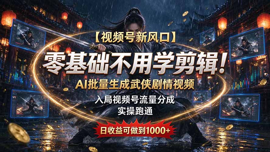 【视频号新风口】零基础不用学剪辑！AI 批量生成武侠剧情视频，入局视频号流量分成，实操跑通，日收益可做到 1000+-橙心云网创