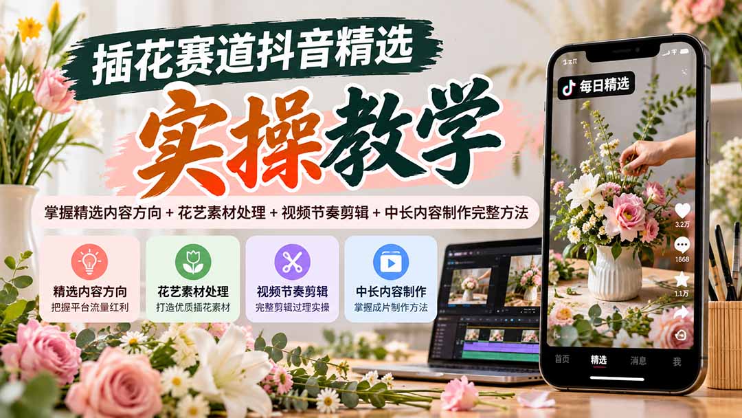 插花赛道抖音精选实操教学：掌握精选内容方向+花艺素材处理+视频节奏剪辑+中长内容制作完整方法-橙心云网创