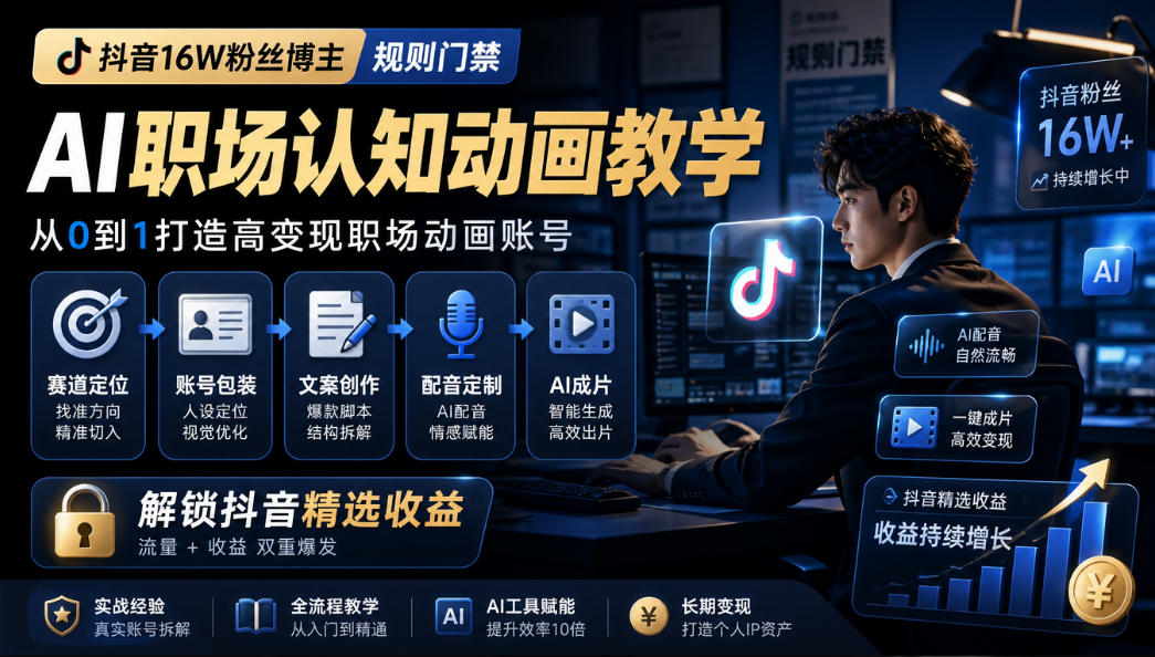 抖音16W粉丝博主规则门禁的AI职场认知动画教学，从赛道定位、账号包装，到文案创作、配音定制、AI成片，解锁抖音精选收益-橙心云网创