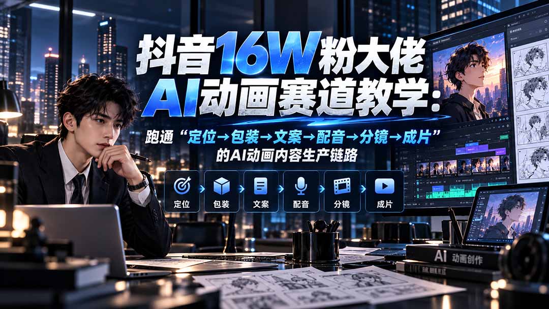 抖音16W粉大佬规则门禁AI动画赛道教学：跑通“定位→包装→文案→配音→分镜→成片”的AI动画内容生产链路-橙心云网创