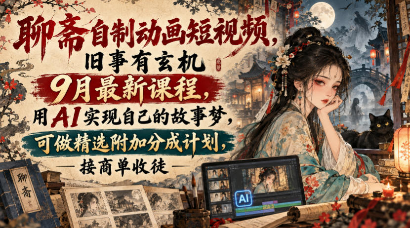 聊斋自制动画短视频，旧事有玄机9月最新课程，用AI实现自己的故事梦，可做精选附加分成计划，接商单收徒-橙心云网创