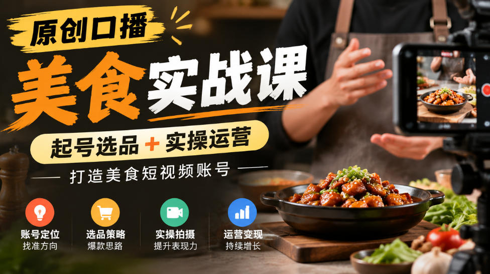 原创口播美食实战课，起号选品+实操运营，打造美食短视频账号-橙心云网创