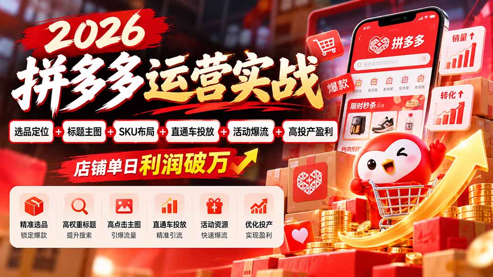 2026拼多多运营实战-更新1002：选品定位+标题主图+SKU布局+直通车投放+活动爆流+高投产盈利 店铺单日利润破万-橙心云网创