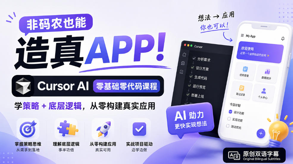 非码农也能造真APP！Cursor AI零基础零代码课程：学策略+底层逻辑，从零构建真实应用【原创双语字幕】-橙心云网创