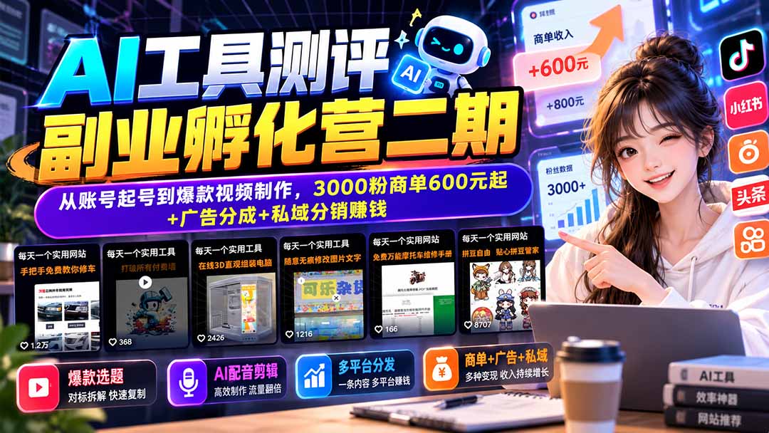 AI工具测评副业孵化营二期：从账号起号到爆款视频制作，3000粉商单600元起+广告分成+私域分销赚钱-橙心云网创